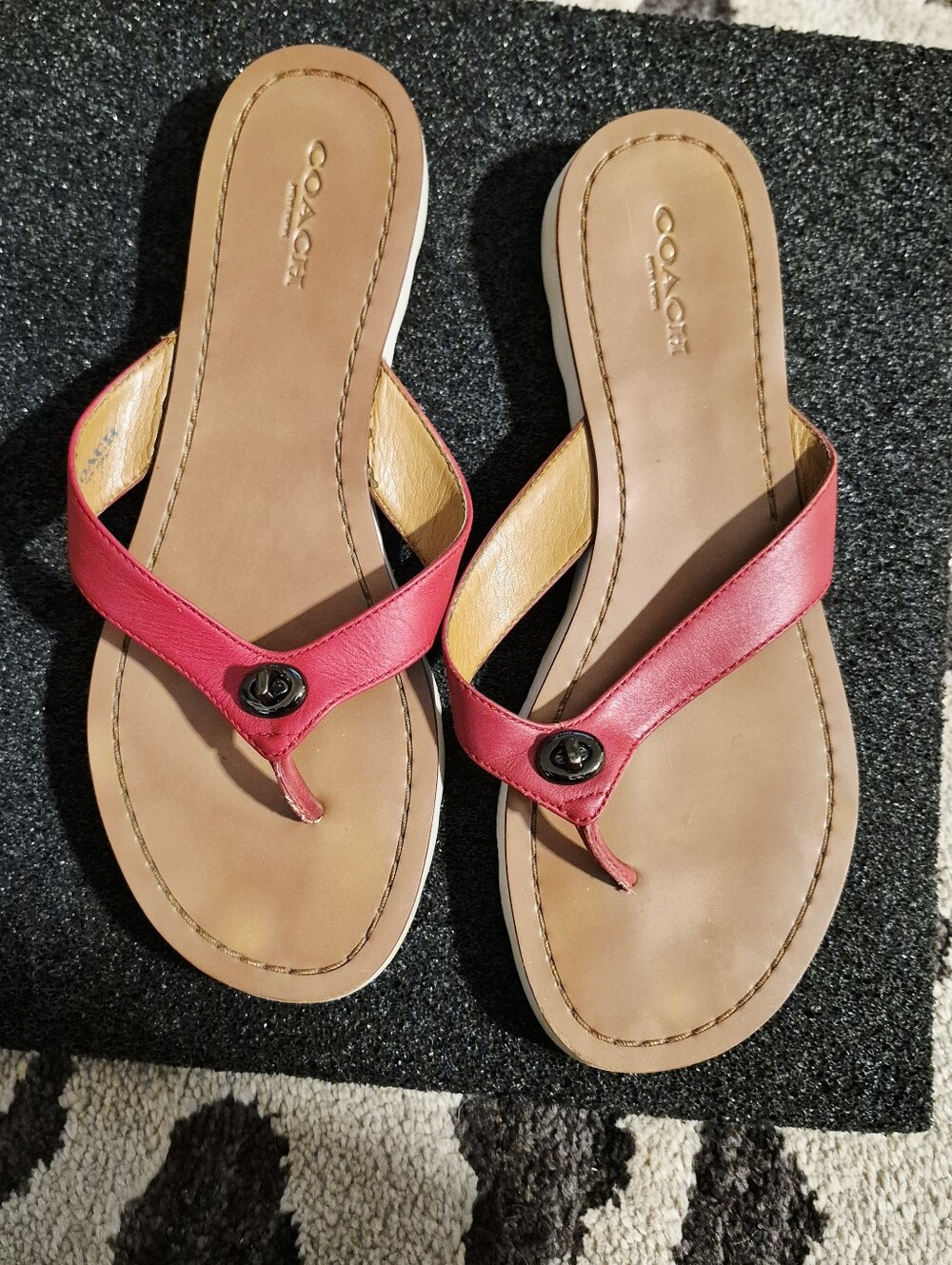 Coach 'Shelly' Red Semi Matte Leather Flip Flops w/Pewter Tone Turn-lock